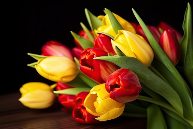 따뜻한 노란색과 붉은 색의 봄 튤립의 아름다운 꽃다발