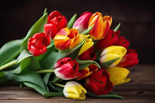 Beautiful bouquet of spring tulips in warm yellow and red colors