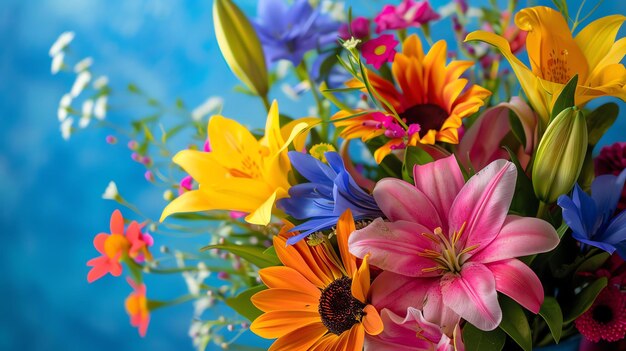 Photo a beautiful bouquet of various flowers in full bloom against a blue background