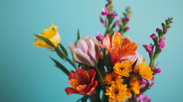 Photo a beautiful bouquet of various flowers in full bloom against a solid blue background