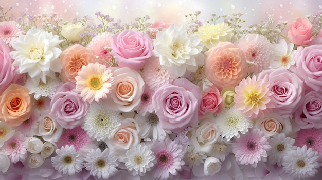 A beautiful bouquet of various flowers in soft pink and white hues