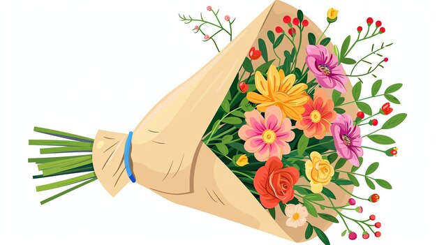 A beautiful bouquet of various flowers wrapped in brown paper The bouquet includes roses daisies lilies and other flowers