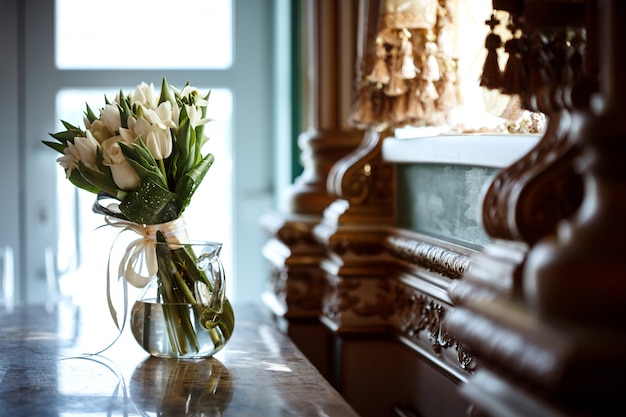 Beautiful bouquet of white flowers in luxury interior