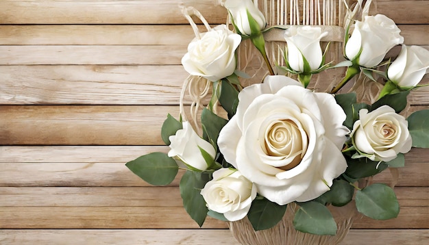 Красивый букет белых розовых цветов на деревянном фоне.