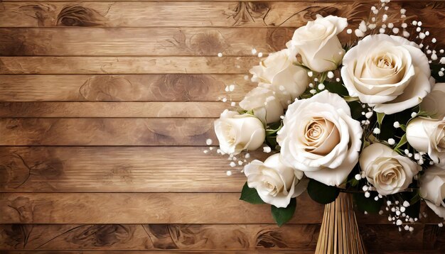 Beautiful bouquet of white rose flowers on wooden background