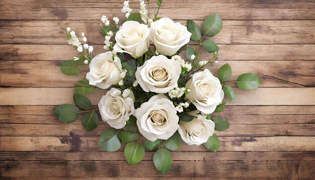 Beautiful bouquet of white rose flowers on wooden background