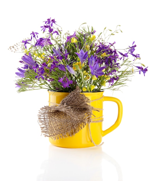 Beautiful bouquet of wildflowers in cup isolated on white