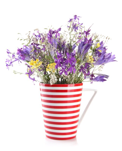 Beautiful bouquet of wildflowers in cup isolated on white