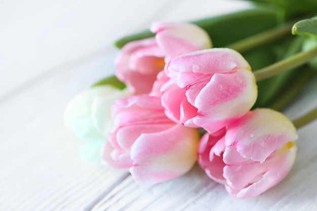 Beautiful bouquet with pinr tulips close up