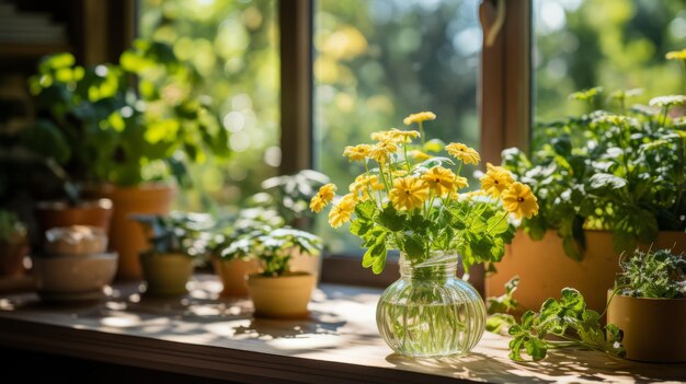A beautiful bouquet of yellow daisies sits on a wooden table near a sunny window