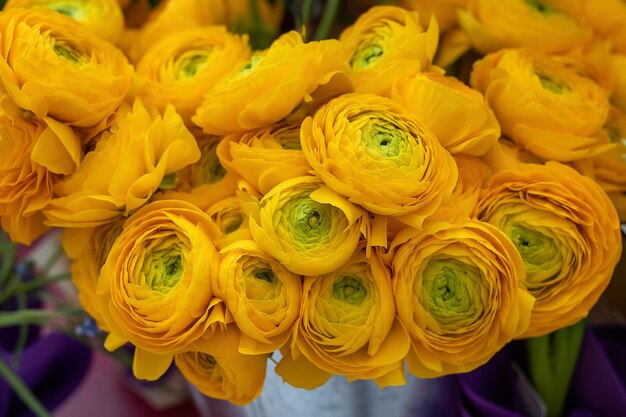 Foto bellissimo bouquet di fiori di ranunculus giallo rosa pion vista dall'alto