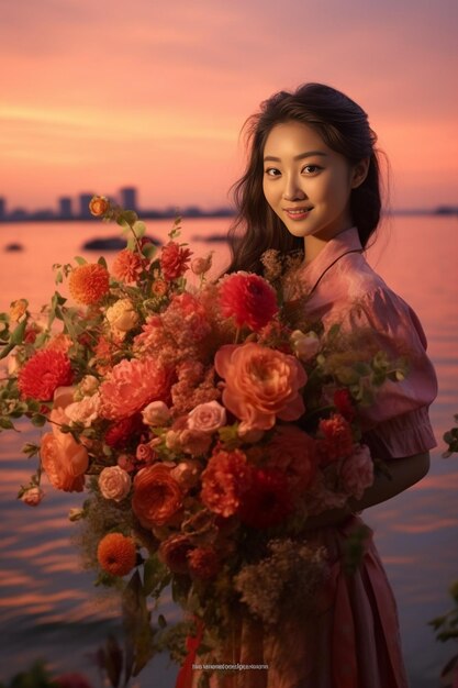 Photo beautiful bouquet young girl holding a flowers arrangements with variety of colors b generative ai