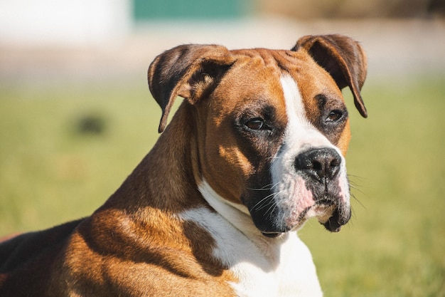 緑の草原の美しいボクサー犬