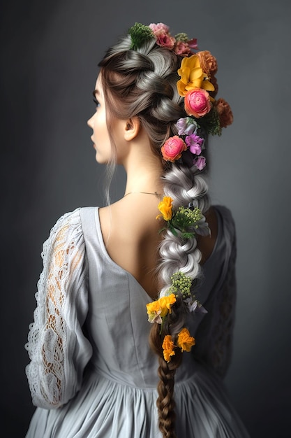 Красивая прическа с плетением седых волос элегантная свадебная прическа с цветами Generative Ai