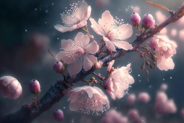 beautiful branch of cherry blossoms, dark mood