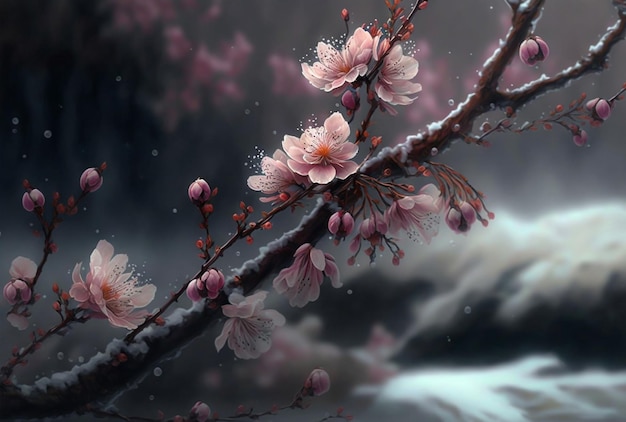 beautiful branch of cherry blossoms, dark mood