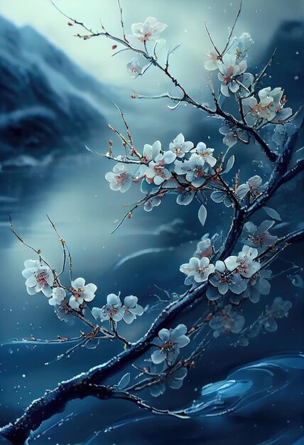 Beautiful branch, mild fairy mist, pale blue plum blossom, ai generated