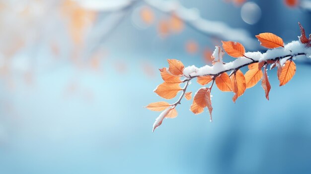 Красивая ветвь с оранжевыми и желтыми листьями в конце осени или начале зимы под снегом