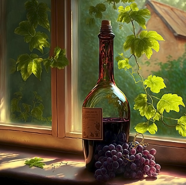 Красивые ветки винного винограда со стаканом Generative AI