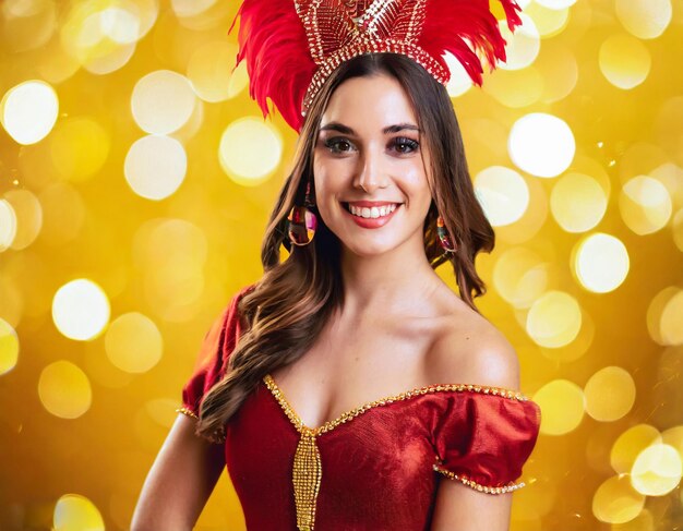 Beautiful brazilian woman in brazilian carnival costume on yellow bokeh background