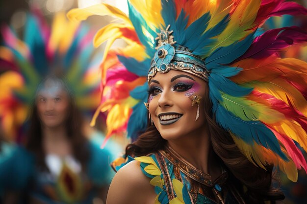 カーニバルの衣装を着た美しいブラジル人女性がダンスをしています ブラジルのサンバコスチュームを着ている美しいサンバダンサーがカーニバルでパフォーマンスをしています 幸せな笑顔の女性の肖像画