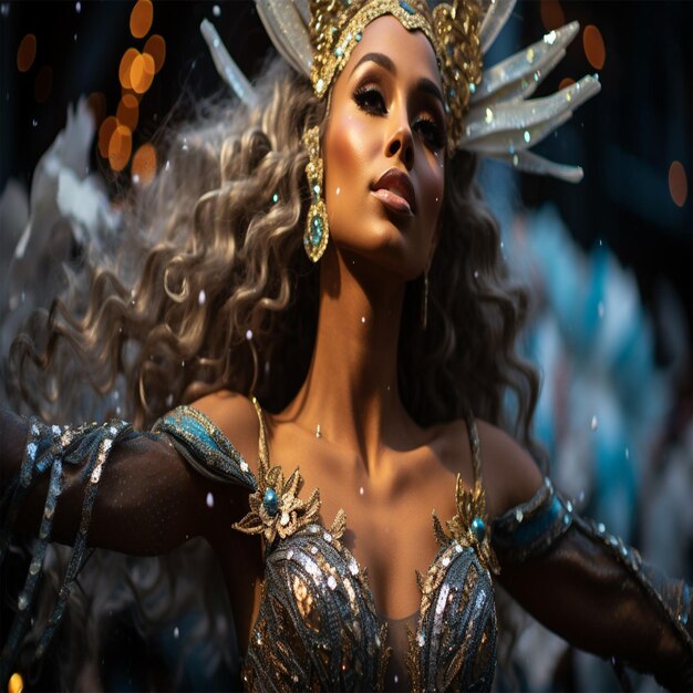 カーニバルの街頭パレード中にカラフルなカーニバルの衣装を着た美しいブラジルの女性