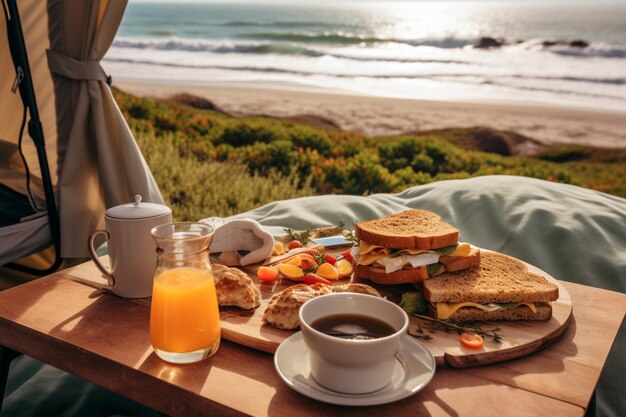 Beautiful breakfast closeup in glamping at ocean beach summer day