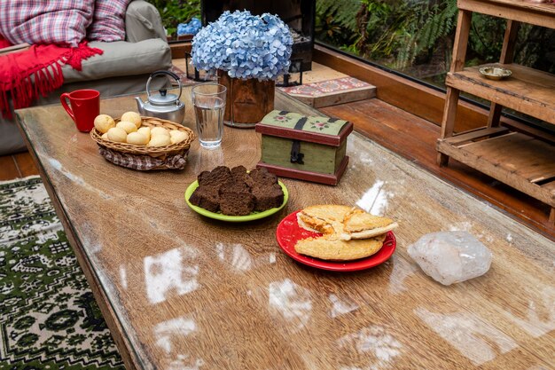 Beautiful breakfast table a fireplace cozy place