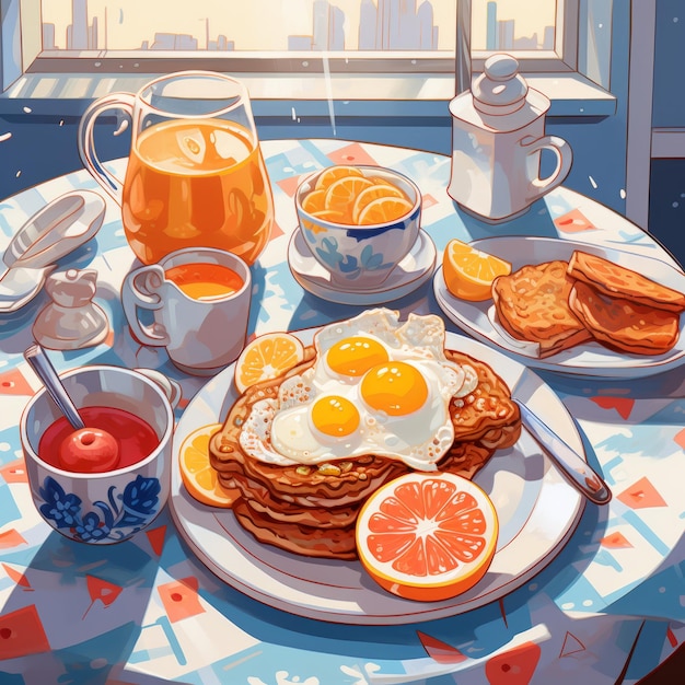 Beautiful breakfast table illustration colorful Hand drawn food and drink