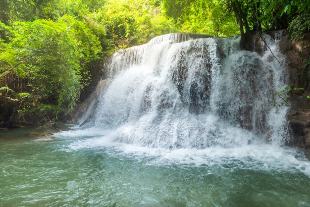 Beautiful and Breathtaking green waterfall at the tropical rainforest, Erawan's waterfall, Located Kanchanaburi Province, Thailand