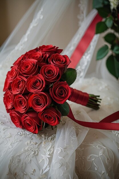 Beautiful bridal bouquet of red roses with red satin ribbons