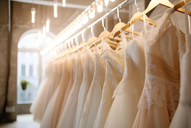 옷걸이에 아름다운 신부 드레스 웨딩 드레스는 웨딩 살롱에서 닫습니다