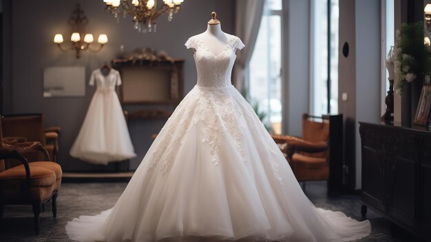 Beautiful bridal gowns in the bridal salon displayed on racks and a studio mannequin generative ai