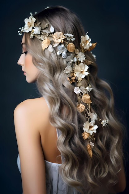 A beautiful bridal headpiece with flowers and leaves.