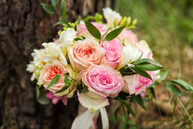 Beautiful bridal wedding bouquet lying on tree