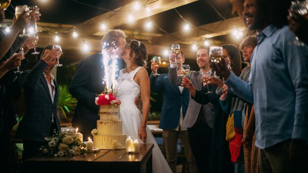 사진 아름다운 신랑과 신부는 다민족 친구들과 함께 저녁 리셉션 파티에서 결혼식을 축하합니다. 신혼부부는 행복한 결혼에 대한 건배를 제안합니다. 저녁 식사 테이블에 서서 반이는 케이크와 함께.