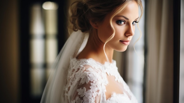 Beautiful Bride before the wedding ceremony Detail of the bride's dress