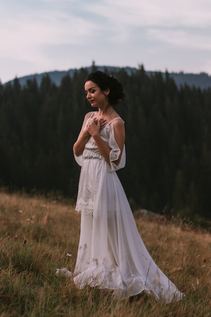 Beautiful bride on the Carpathian mountains