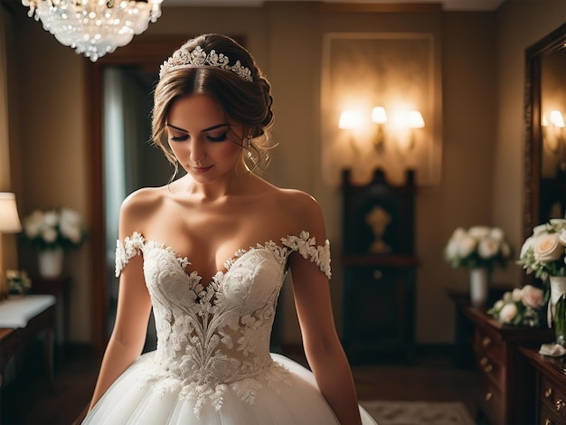 Photo beautiful bride getting ready for her wedding in her white dress