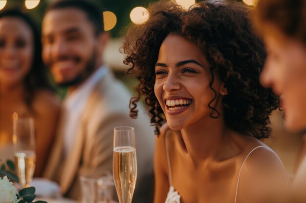 Beautiful Bride and Groom celebrating wedding at an evening wedding reception party Smiling diverse