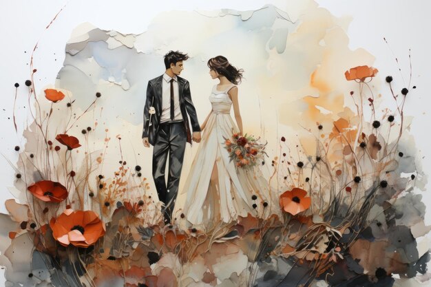 beautiful bride and groom in colorful watercolor background