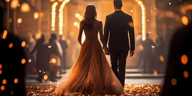 Beautiful bride and groom couple walk Elegant wedding by night