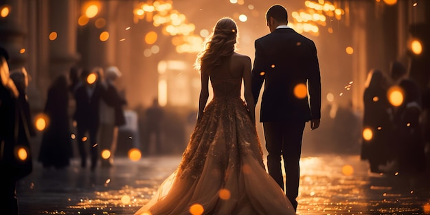 Beautiful bride and groom couple walk Elegant wedding by night