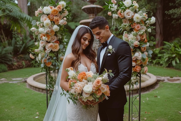 A beautiful bride and groom pose for a photo in a garden