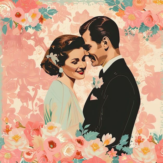 Photo beautiful bride and groom in retro style vintage illustration