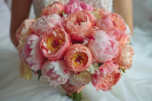 Beautiful Bride Holding a Bouquet of Fresh Pink Peonies Close up Wedding Flower Arrangement