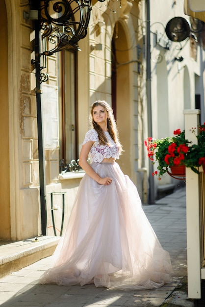 Beautiful Bride Portrait wedding makeup hairstyle, gorgeous young woman in white dress at home. series.