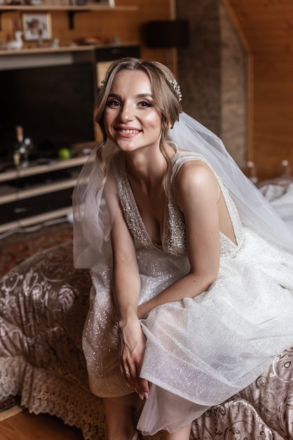 Beautiful Bride Portrait wedding makeup and hairstyle. Smiling happy bride portrait