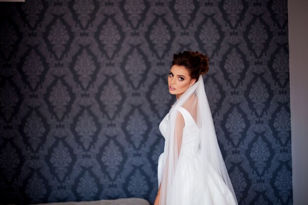 Beautiful bride posing in her wedding dress indoors