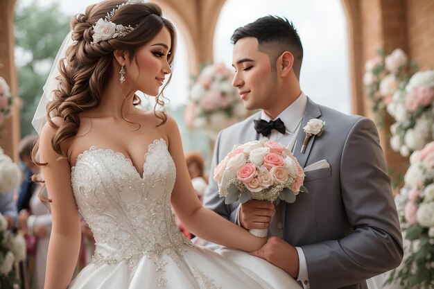 Beautiful bride in wedding dress and groom